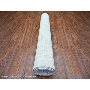 3'9"x9'7" Cadet Gray, Vegetable Dyes, White Wash Peshawar With Faded Colors, High Grade Wool, Hand Knotted, Wide Runner Oriental Rug FWR447456
