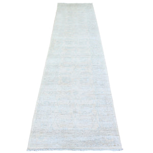 2'8"x10'8" Daisy White, Washed Out Peshawar with Soft Colors Natural Dyes, Pure Wool Hand Knotted, Runner Oriental Rug FWR447498