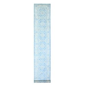 2'6"x16'2" Argentina and Columbia Blue, 100% Wool, White Wash Peshawar with Faded Design Vegetable Dyes, Hand Knotted, XL Runner Oriental Rug FWR447504