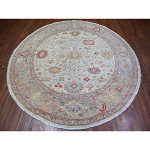 8'x8' Lexicon Ivory, All Over Ziegler Mahal Design, Hand Knotted, Pure Wool, Natural Dyes, Round Oriental Rug FWR447576
