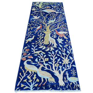 2'10"x7'10" Chelsea Blue, Natural Dyes, Pure Wool, Hand Knotted, Afghan Peshawar with Birds of Paradise Design, Abrash, Runner Oriental Rug FWR447588