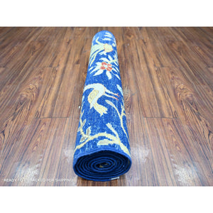 2'10"x7'10" Chelsea Blue, Natural Dyes, Pure Wool, Hand Knotted, Afghan Peshawar with Birds of Paradise Design, Abrash, Runner Oriental Rug FWR447588