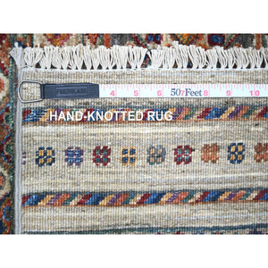 8'10"x11'10" Vista White, Afghan Super Kazak With Khorjin Design With Colorful Tassels, Natural Dyes, Densely Woven Ghazni Wool, Hand Knotted, Oriental Rug FWR447714