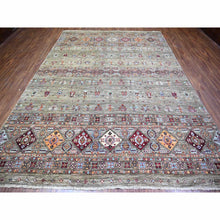 Load image into Gallery viewer, 8&#39;6&quot;x11&#39;8&quot; Sage Gray, Vegetable Dyes, Hand Knotted, Afghan Super Kazak With Khorjin Design With Colorful Tassels, Densely Woven, Shiny Wool, Oriental Rug FWR447726