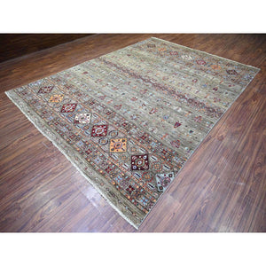 8'6"x11'8" Sage Gray, Vegetable Dyes, Hand Knotted, Afghan Super Kazak With Khorjin Design With Colorful Tassels, Densely Woven, Shiny Wool, Oriental Rug FWR447726