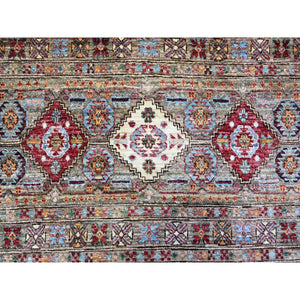 8'6"x11'8" Sage Gray, Vegetable Dyes, Hand Knotted, Afghan Super Kazak With Khorjin Design With Colorful Tassels, Densely Woven, Shiny Wool, Oriental Rug FWR447726