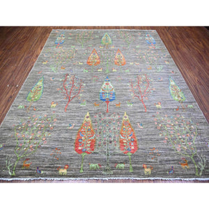 8'x9'5" Wolf Gray, Hand Knotted, Folk Art Willow And Cypress Tree Design Peshawar, Borderless, Shiny And Soft Wool, Oriental Rug FWR447864
