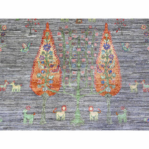 8'x9'5" Wolf Gray, Hand Knotted, Folk Art Willow And Cypress Tree Design Peshawar, Borderless, Shiny And Soft Wool, Oriental Rug FWR447864