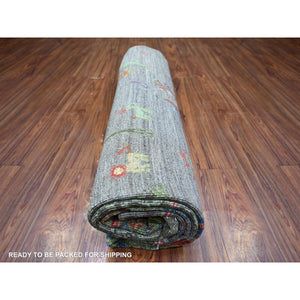 8'x9'5" Wolf Gray, Hand Knotted, Folk Art Willow And Cypress Tree Design Peshawar, Borderless, Shiny And Soft Wool, Oriental Rug FWR447864
