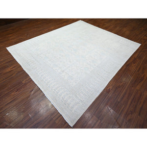 7'10"x9'5" Anti-Flash White, Hand Knotted, White Wash Khotan Inspired Pomegranate Design, Shiny Wool, Oriental Rug FWR448002