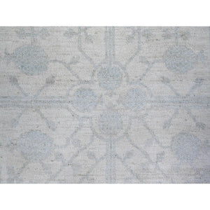 7'10"x9'5" Anti-Flash White, Hand Knotted, White Wash Khotan Inspired Pomegranate Design, Shiny Wool, Oriental Rug FWR448002