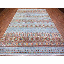 Load image into Gallery viewer, 8&#39;2&quot;x11&#39;10&quot; Blue Gray, Super Kazak Khorjin Design With Colorful Tassels, Hand Knotted, Vibrant Wool, Oriental Rug FWR448056