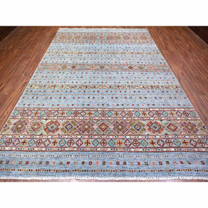 8'2"x11'10" Blue Gray, Super Kazak Khorjin Design With Colorful Tassels, Hand Knotted, Vibrant Wool, Oriental Rug FWR448056
