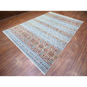 8'2"x11'10" Blue Gray, Super Kazak Khorjin Design With Colorful Tassels, Hand Knotted, Vibrant Wool, Oriental Rug FWR448056