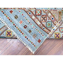 Load image into Gallery viewer, 8&#39;2&quot;x11&#39;10&quot; Blue Gray, Super Kazak Khorjin Design With Colorful Tassels, Hand Knotted, Vibrant Wool, Oriental Rug FWR448056