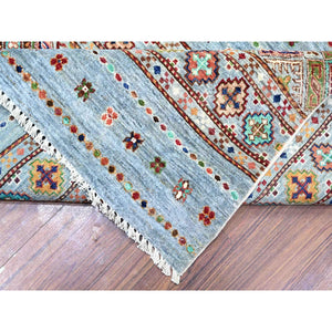 8'2"x11'10" Blue Gray, Super Kazak Khorjin Design With Colorful Tassels, Hand Knotted, Vibrant Wool, Oriental Rug FWR448056