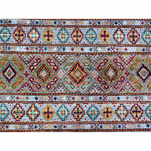 8'2"x11'10" Blue Gray, Super Kazak Khorjin Design With Colorful Tassels, Hand Knotted, Vibrant Wool, Oriental Rug FWR448056
