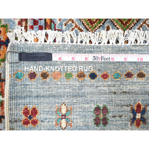 8'2"x11'10" Blue Gray, Super Kazak Khorjin Design With Colorful Tassels, Hand Knotted, Vibrant Wool, Oriental Rug FWR448056