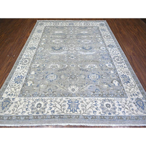 7'10"x9'9" Electric Gray And Delicate White, Heriz All Over Design With Serrated Leaf Pattern, Pure Wool, Hand Knotted, Oriental Rug FWR448074
