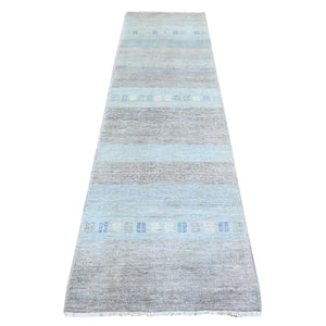2'8"x9'5" Pastel Gray, Fine Kashkuli Gabbeh, Hand Knotted, Soft and Shiny Wool, Natural Dyes, Runner Oriental Rug FWR448128
