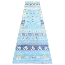 Load image into Gallery viewer, 2&#39;8&quot;x11&#39; Arctic Blue, Kashkuli Gabbeh Design Natural Dyes, Fine Weave Pure Wool Hand Knotted, Runner Oriental Rug FWR448140