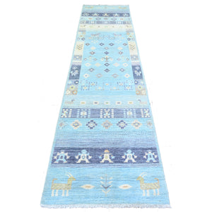 2'8"x11' Arctic Blue, Kashkuli Gabbeh Design Natural Dyes, Fine Weave Pure Wool Hand Knotted, Runner Oriental Rug FWR448140