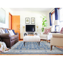 Load image into Gallery viewer, 7&#39;8&quot;x9&#39;7&quot; Bayern Blue, Soft And Vibrant Wool, Vegetable Dyes, Vintage Look Kazak With Geometric Elements, Hand Knotted, Oriental Rug FWR448350