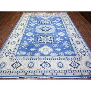 9'x11'5" Berry Blue With Huntington White, Vintage Look Kazak With Large Medallions Design High Grade Wool, Hand Knotted, Natural Dyes, Oriental Rug FWR448356