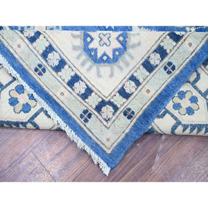9'x11'5" Berry Blue With Huntington White, Vintage Look Kazak With Large Medallions Design High Grade Wool, Hand Knotted, Natural Dyes, Oriental Rug FWR448356