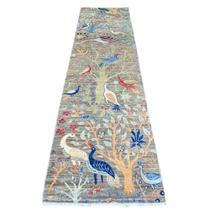 2'7"x10' Best Gray, Afghan Peshawar with Birds of Paradise design Vegetable Dyes, Hand Knotted, Organic Wool, Runner Oriental Rug FWR448380