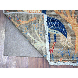 2'7"x10' Best Gray, Afghan Peshawar with Birds of Paradise design Vegetable Dyes, Hand Knotted, Organic Wool, Runner Oriental Rug FWR448380