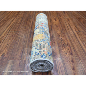 2'7"x10' Best Gray, Afghan Peshawar with Birds of Paradise design Vegetable Dyes, Hand Knotted, Organic Wool, Runner Oriental Rug FWR448380