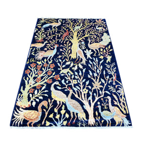 4'x5'7" Penn Blue, Extra Soft Wool, Hand Knotted, Vegetable Dyes, Bird of Paradise Afghan Peshawar Design, Abrash, Oriental Rug FWR448500