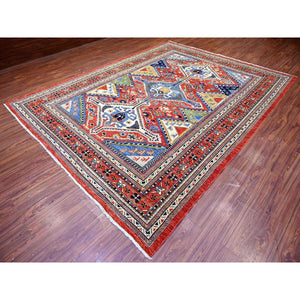 9'4"x12' Arsenal Red, Hand Knotted, Shiraz Design, Afghan Vegetable Dyes, 100% Wool, Oriental Rug FWR448560