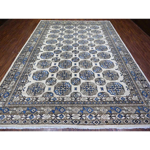 9'1"x12' Porcelain Ivory, Afghan Ersari With Elephant Feet Design, Hand Knotted, Natural Dyes, Natural Wool, Oriental Rug FWR448566
