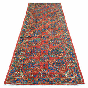 4'x9'6" Angels Red, Organic Wool, Afghan Ersari with Elephant Feet Design, Vegetable Dyes, Hand Knotted, Wide Runner Oriental Rug FWR448626