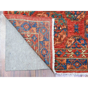 4'x9'6" Angels Red, Organic Wool, Afghan Ersari with Elephant Feet Design, Vegetable Dyes, Hand Knotted, Wide Runner Oriental Rug FWR448626