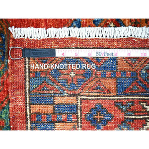 4'x9'6" Angels Red, Organic Wool, Afghan Ersari with Elephant Feet Design, Vegetable Dyes, Hand Knotted, Wide Runner Oriental Rug FWR448626