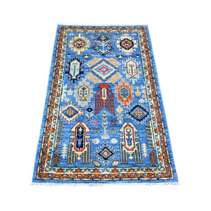 3'x4'10" Lapis Blue, Hand Knotted, Extra Soft Wool, Afghan Ersari with Geometric Gul Motifs, Natural Dyes, Densely Woven, Oriental Rug FWR448638