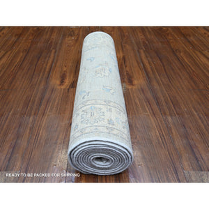 2'8"x12'2" Ice Gray, Vegetable Dyes, Peshawar Washed Out Faded Designs, Organic Wool, Hand Knotted, Runner Oriental Rug FWR448668