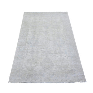 3'10"x5'7" Delicate White, Washed Out Peshawar with Faded Designs, Vegetable Dyes, Shiny Wool, Hand Knotted, Oriental Rug FWR448710