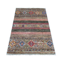 Load image into Gallery viewer, 3&#39;4&quot;x5&#39;1&quot; Vintage Gray, All New Hand Knotted, Extra Soft Pure Wool, Super Kazak Khorjin With Colorful Motifs, Oriental Rug FWR448734