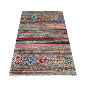3'4"x5'1" Vintage Gray, All New Hand Knotted, Extra Soft Pure Wool, Super Kazak Khorjin With Colorful Motifs, Oriental Rug FWR448734