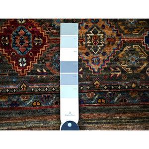 3'4"x5'1" Vintage Gray, All New Hand Knotted, Extra Soft Pure Wool, Super Kazak Khorjin With Colorful Motifs, Oriental Rug FWR448734