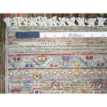 Load image into Gallery viewer, 3&#39;4&quot;x5&#39;1&quot; Vintage Gray, All New Hand Knotted, Extra Soft Pure Wool, Super Kazak Khorjin With Colorful Motifs, Oriental Rug FWR448734