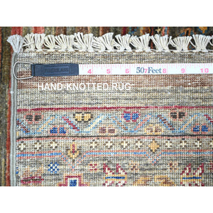 3'4"x5'1" Vintage Gray, All New Hand Knotted, Extra Soft Pure Wool, Super Kazak Khorjin With Colorful Motifs, Oriental Rug FWR448734