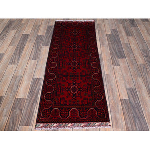 1'10"x5' Crimson Red, Afghan Khamyab With Geometric Pattern, Hand Knotted, Soft Wool, Vegetable Dyes, Short And Narrow Runner, Oriental Rug FWR4482