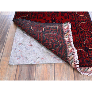 1'10"x5' Crimson Red, Afghan Khamyab With Geometric Pattern, Hand Knotted, Soft Wool, Vegetable Dyes, Short And Narrow Runner, Oriental Rug FWR4482