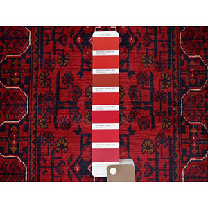 1'10"x5' Crimson Red, Afghan Khamyab With Geometric Pattern, Hand Knotted, Soft Wool, Vegetable Dyes, Short And Narrow Runner, Oriental Rug FWR4482