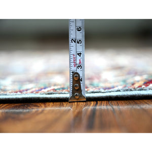 2'7"x8'2" Oxford Gray, Afghan Super Kazak With Geometric Motifs, Multiple Border, Natural Dyes, Densely Woven, Soft Wool, Hand Knotted, Narrow Runner Oriental Rug FWR448818